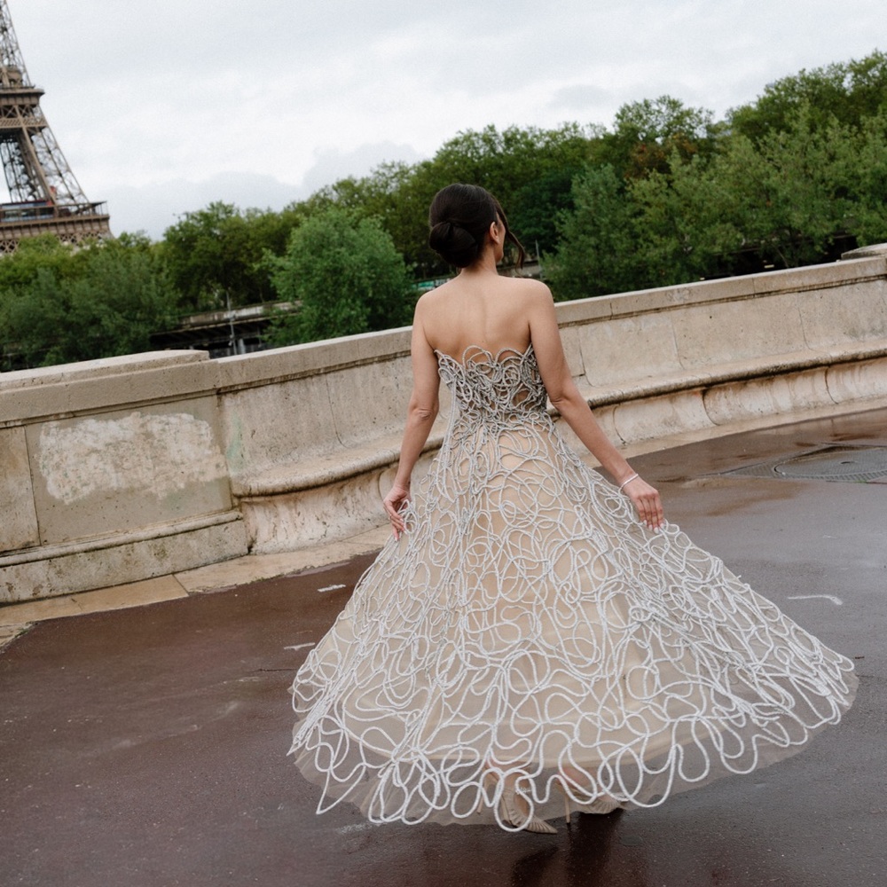 Oscar de la Renta Beige and Silver Strapless Dress